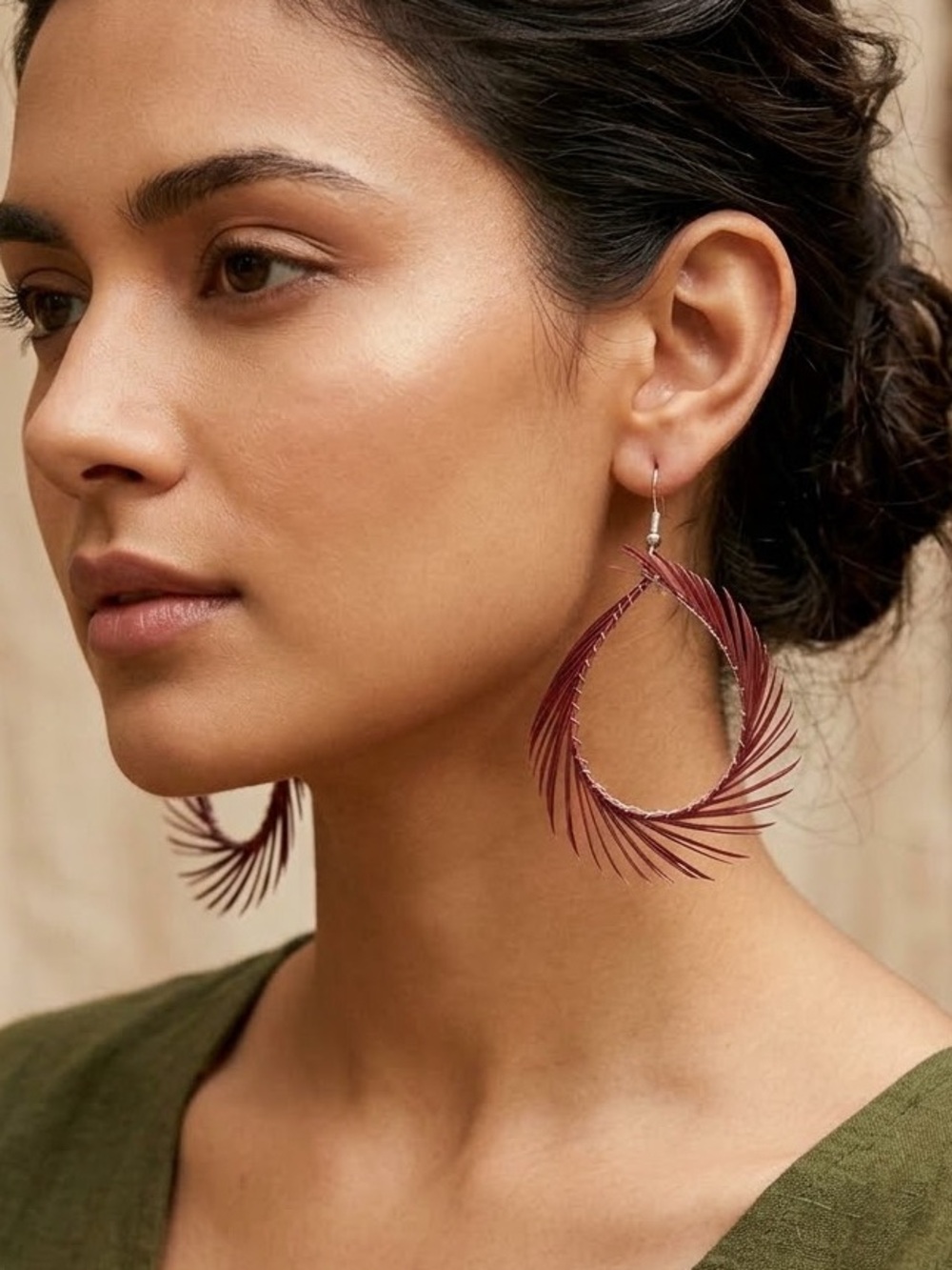Handmade Burgundy Feather Hoop Earrings Boho Statement